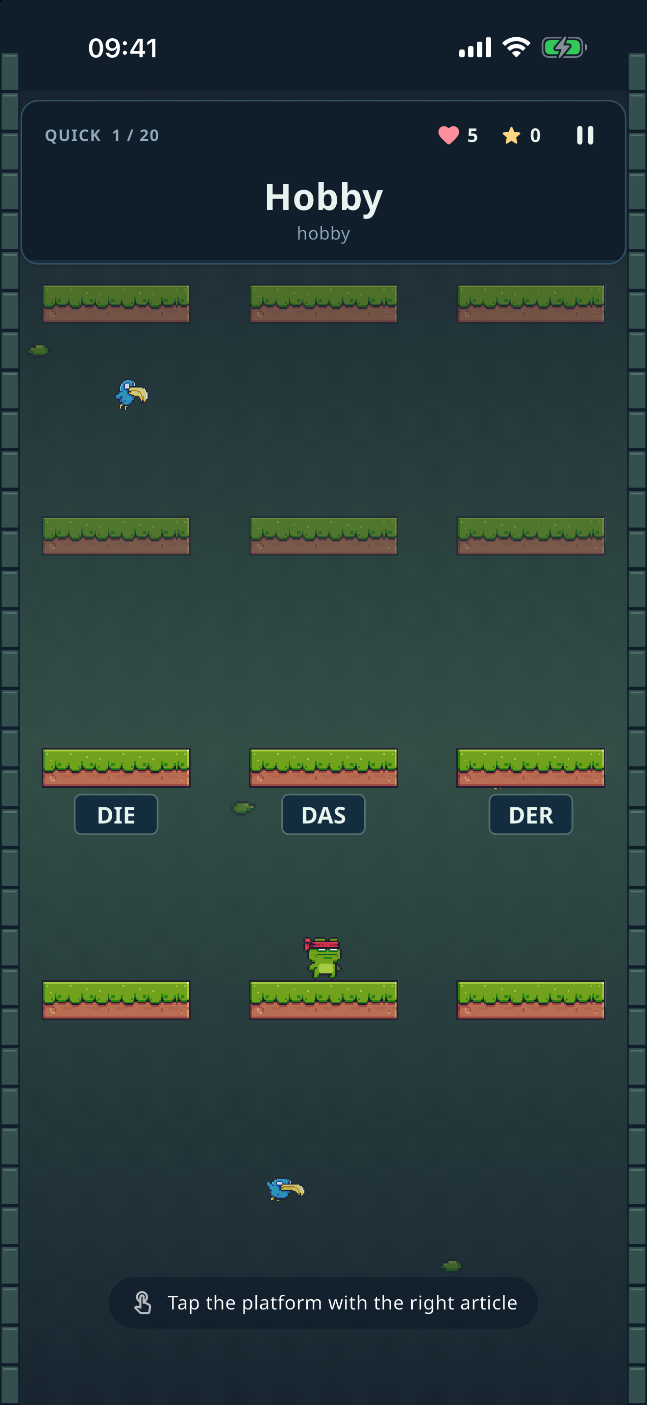 Word Climb gameplay: the word Hobby with der, die and das platforms